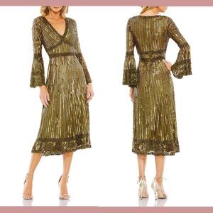 NWT Mac Duggal [ 4 ] 5591 Embellished 3/4 Sleeve V-Neck A Line Dress Olive Green